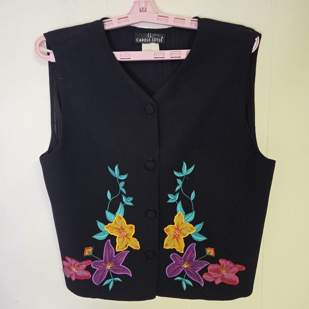 Vintage Carole Little Black Floral Embroidered Vest Size 12